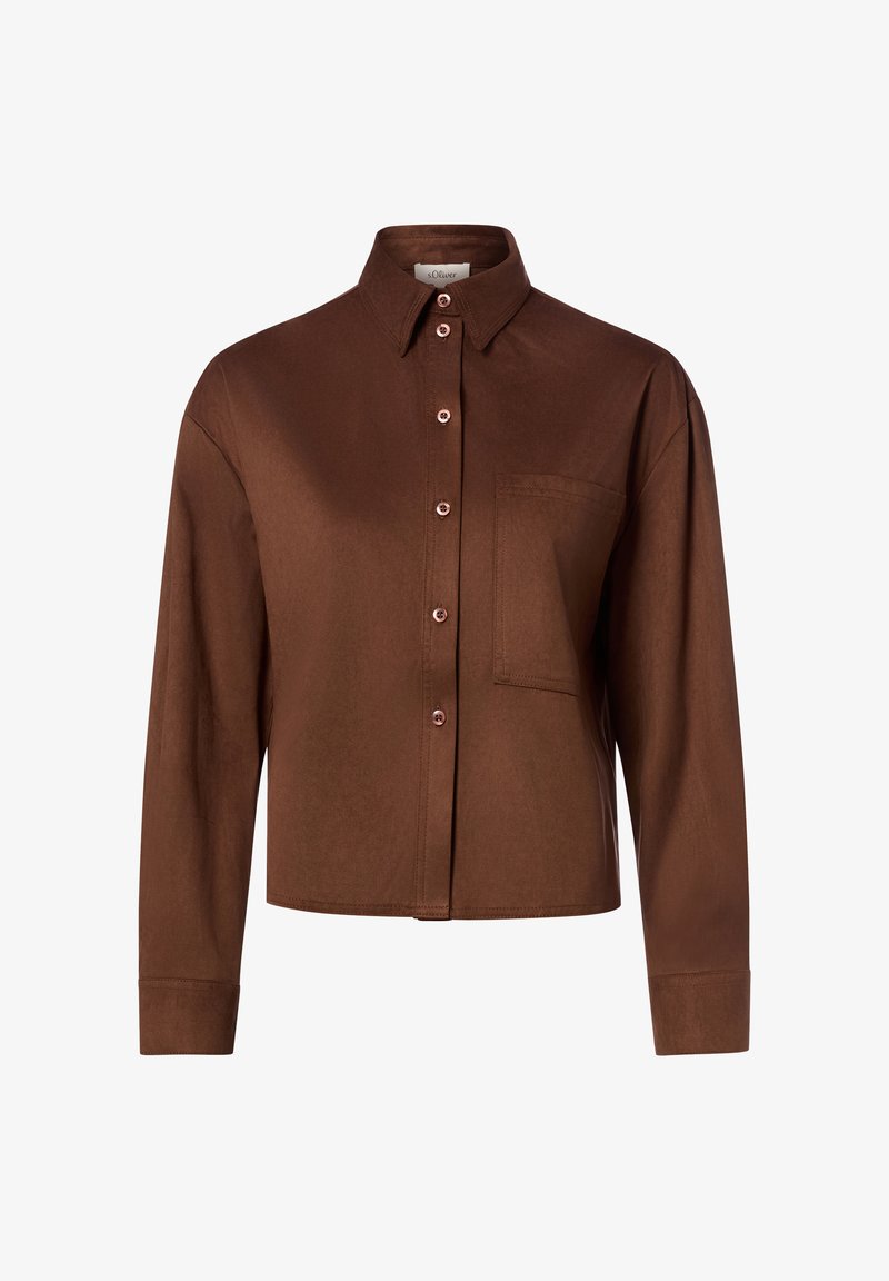 Brown long-sleeve button-up shirt with pointed collar and chest pocket, featuring a slightly cropped fit and smooth fabric texture.