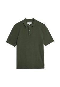 Polo a maniche corte di colore verde scuro, con colletto, patta con tre bottoni e tessuto testurizzato. Design semplice e classico.