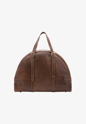 Sac à main en cuir marron en forme de demi-lune avec deux sangles réglables et détails de boucles dorées, sur fond blanc.