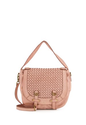 Pink leather handbag featuring woven texture, adjustable shoulder strap, and brass hardware accents. Flap closure with decorative buckles.