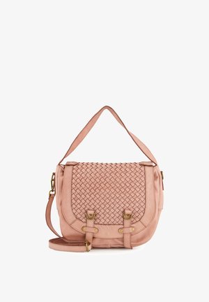Pink leather handbag featuring woven texture, adjustable shoulder strap, and brass hardware accents. Flap closure with decorative buckles.