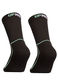 Schwarze gerippte Socken mit grünem "UPHILL"-Logo am Bund, ausgestattet mit einem kontrastierenden grünen Akzent an der Ferse und den Zehen.
