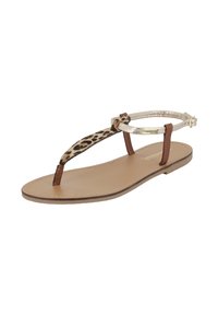 Sandalo flat con una fascia in pelle marrone, dettaglio leopardato e accenti metallici; design minimalista con una suola beige liscia.