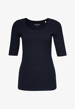 Maglietta in cotone blu navy con scollatura rotonda e maniche a tre quarti, caratterizzata da una vestibilità aderente e dettagli di cucitura minimal.