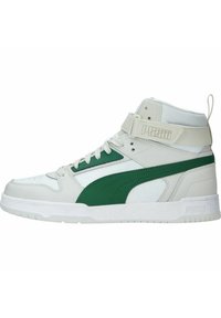 High-top athletic shoes with a white leather exterior, green accents, perforated details, and a padded collar. Features branded buckle strap.