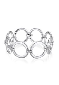 Pulsera de plata con eslabones circulares interconectados, textura suave, pequeños acentos de piedras preciosas claras y un acabado pulido.