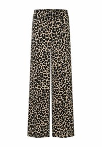Leopardenmuster breite Hose mit einem hellbeigen Grundton und schwarzen Punkten; verfügt über einen elastischen Bund und eine Kordel zum Binden.
