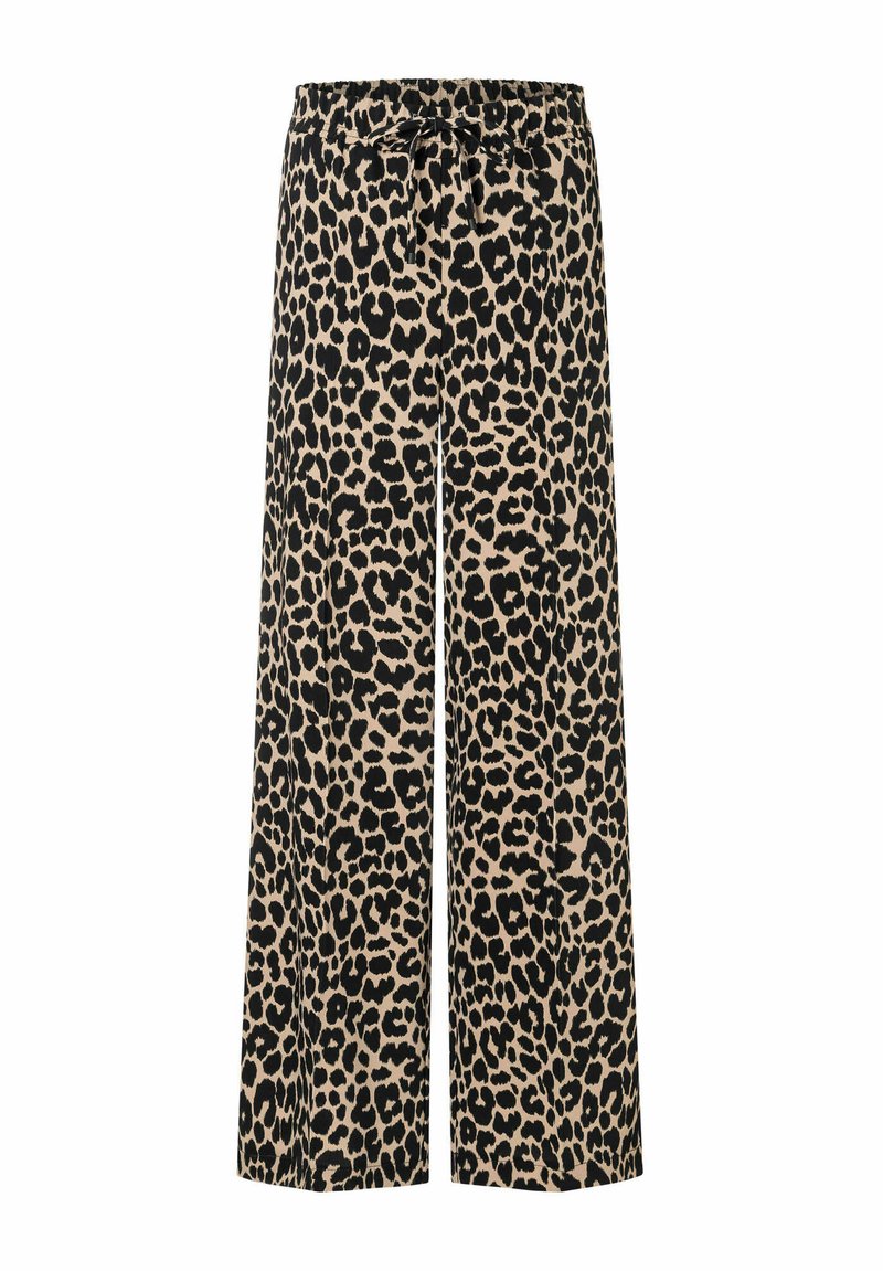 Leopardenmuster breite Hose mit einem hellbeigen Grundton und schwarzen Punkten; verfügt über einen elastischen Bund und eine Kordel zum Binden.