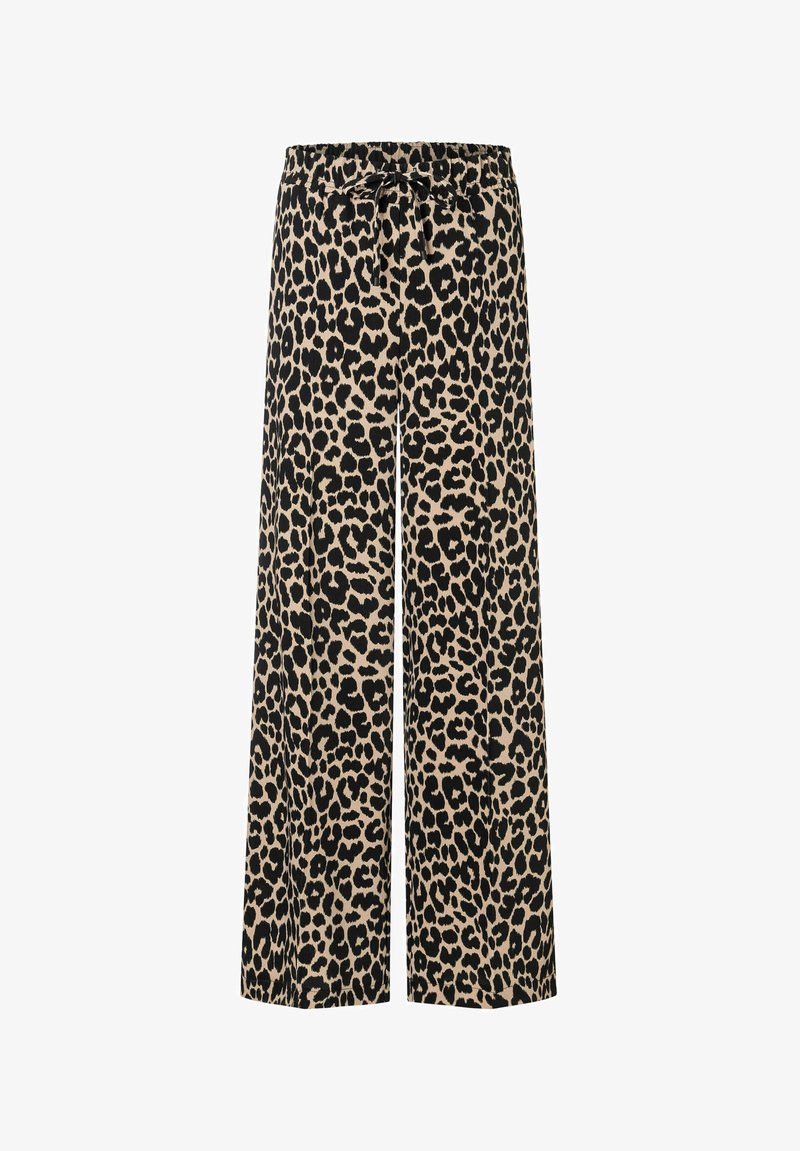 Leopardenmuster breite Hose mit einem hellbeigen Grundton und schwarzen Punkten; verfügt über einen elastischen Bund und eine Kordel zum Binden.