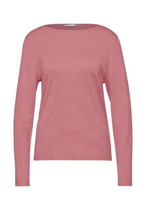 Suéter de manga larga color rosa claro con un escote amplio. Textura suave, puños y dobladillo acanalados. Presenta una etiqueta en el escote interior.