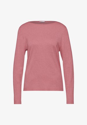 Maglione a maniche lunghe rosa chiaro con scollatura ampia. Texture liscia, polsini e orlo a costine. Presenta un'etichetta sulla scollatura interna.