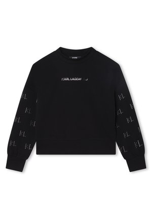Schwarzer Sweatshirt mit rundem Ausschnitt, gerippten Bündchen und dem Logo "KARL LAGERFELD" in Silber auf der Brust sowie einem wiederholten "KL"-Muster an den Ärmeln.
