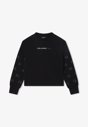 Sudadera negra con cuello redondo, puños acanalados y el logo "KARL LAGERFELD" en plata en el pecho, además de un patrón repetido "KL" en las mangas.