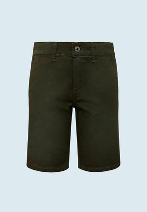 Dunkelgrüne Baumwollshorts mit vorderem Knopf, Reißverschluss, Gürtelschlaufen und Seitentaschen, auf einem schlichten hellen Hintergrund dargestellt.