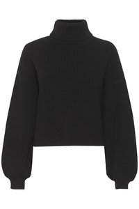 Schwarzer gerippter Rollkragenpullover mit langen, Ballonärmeln und cropped Passform. Hergestellt aus strukturierter Stoff, mit hohem Kragen und enganliegenden Bündchen.
