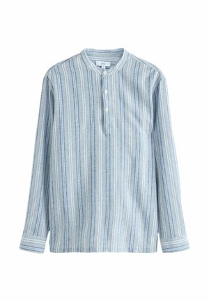 Cămașă cu mâneci lungi în bleu deschis, cu dungi verticale în nuanțe variate. Are un guler tip henley cu trei nasturi și o textură moale.