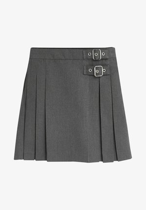Grijze geplooide rok van stof met een gladde textuur; heeft twee gespsieraden op de tailleband en een gestructureerde zoom.