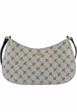 Bež in črna ramenska torba s potiskom v polmesečasti obliki, majhno zlatkasto zlato-tonirano majhno logo ter nastavljiv črni trak s zlato kovinsko opremo.