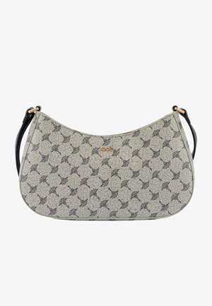 Béžovo-černá kabelka přes rameno s uzlem měsíce, malým zlatavým logem a nastavitelným černým popruhem se zlatými kovovými doplňky.