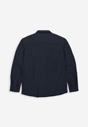 Donkerblauw shirt met lange mouwen, voorzien van een kraag, manchetten met knopen, een gladde textuur met een rechte zoom en zonder zichtbare patronen.