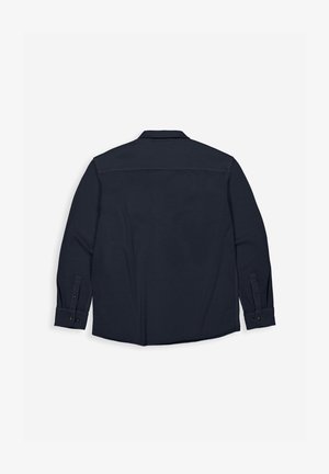 Donkerblauw shirt met lange mouwen, voorzien van een kraag, manchetten met knopen, een gladde textuur met een rechte zoom en zonder zichtbare patronen.