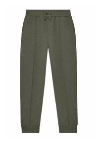Olivengrønne joggingbukser lavet af blødt stof, med elastisk talje og snor, forlommer og ribbede manchetter. Minimalistisk design.