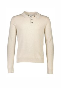 Kremowy sweter polo z długim rękawem, wykonany z lekkiego materiału, z klasycznym kołnierzykiem, zapięciem na trzy guziki oraz ściągaczami na rękawach i u dołu.