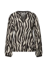 Schwarz-creamfarbene Bluse mit Zebra-Streifen, langen Ärmeln, einem V-Ausschnitt und elastischem Saum. Hergestellt aus leichtem Stoff mit glatter Textur.
