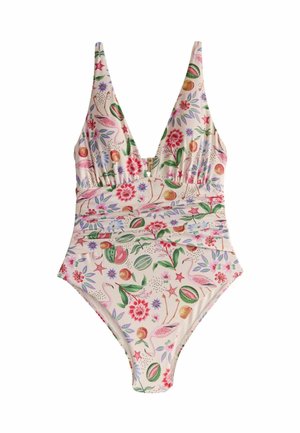 Maillot de bain une pièce avec une base rose, un décolleté plongeant en V et des motifs colorés floraux, fruits, étoiles de mer et flamants roses.