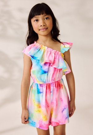 Farverig romper i pastelnuancer af pink, blå og gul. Har et flæset, ét-skulder design med elastisk talje og korte ben.