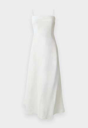 White linen maxi dress with thin spaghetti straps, a straight neckline, and a flowing silhouette. Smooth texture, no visible patterns or accents.