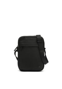 Black messenger bag with a sleek, smooth finish, adjustable strap, zippered closure, and a subtle logo on the front. Compact rectangular shape.