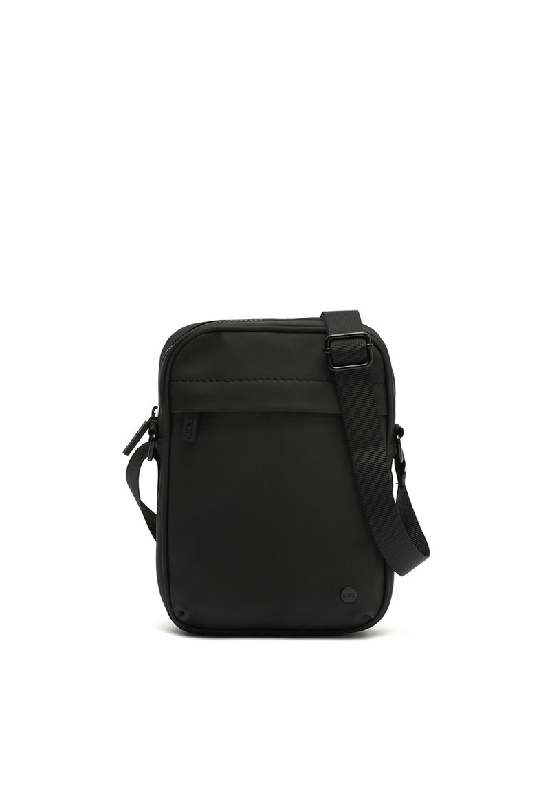 Black messenger bag with a sleek, smooth finish, adjustable strap, zippered closure, and a subtle logo on the front. Compact rectangular shape.