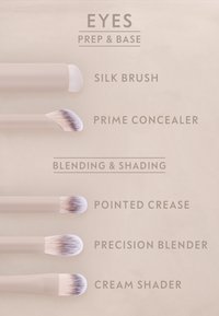 Vier make-upkwasten voor de ogen: Silk Brush, Prime Concealer, Pointed Crease, Precision Blender en Cream Shader, op een beige achtergrond.