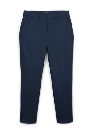 Navy blue tailored pants with a smooth texture, two front pockets, and a straight-leg design. Features a waistband with belt loops.