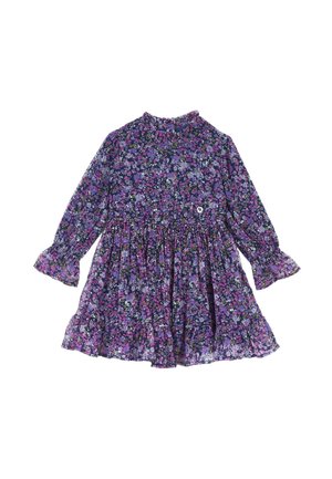 Robe fleurie violette à manches longues avec poignets volantés et col montant, taille froncée et jupe à étages pour filles.