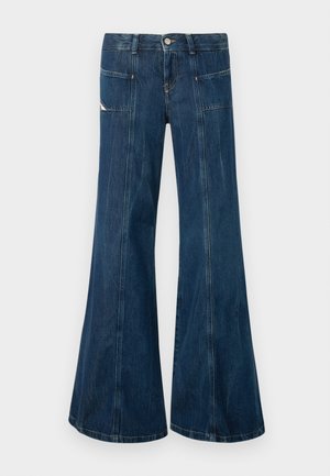 Dark blue denim wide-leg jeans with front patch pockets and contrast stitching, button closure, and slight faded detailing.