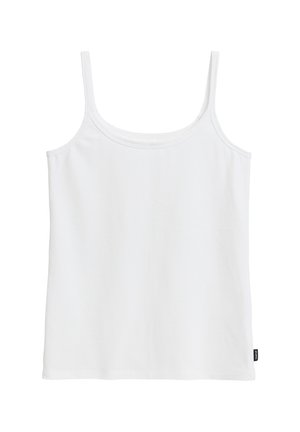 Biały bawełniany top bez rękawów z cienkimi ramiączkami, okrągłym dekoltem i prostym dołem. Miękka tekstura i prosta forma, odpowiedni do noszenia w warstwach.