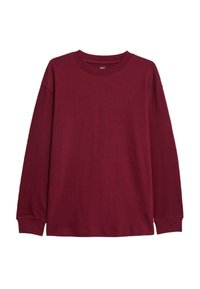 Bordowy t-shirt z długim rękawem, wykonany z miękkiej bawełny, z okrągłym dekoltem i luźnym krojem, z minimalnymi szwami i bez widocznych wzorów.