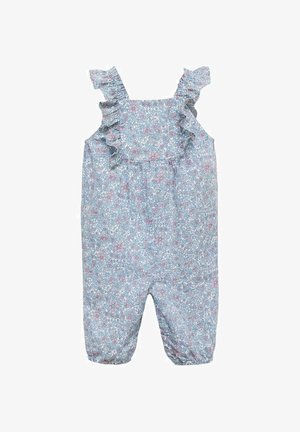 Ljusblå blommig jumpsuit med volangaxlar, prydd med rosa och vita blommor. Designad för barn med elastiska benöppningar.