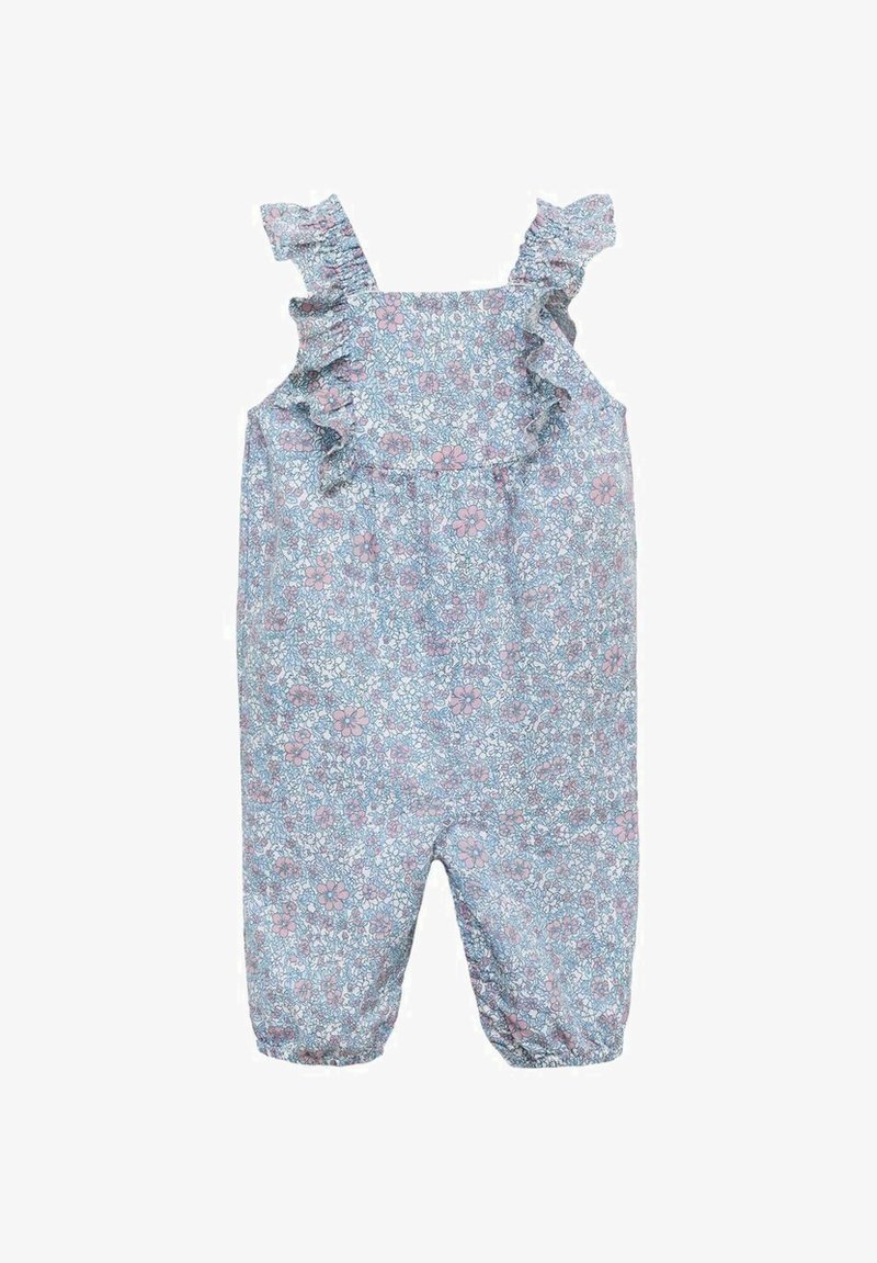 Svetlo modri cvetlični kombinezon z nabranimi naramnicami, ki je okrašen s pink in belimi cvetovi. Oblikovan za otroke, z elastičnimi odprtinami za noge.