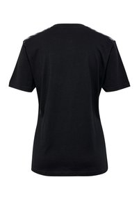 Sort kortærmet T-shirt har en rund halsudskæring og glat bomuldsstof. Den har et enkelt design uden synlige mønstre eller detaljer.