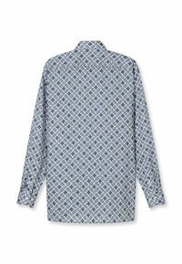 Langärmliges Hemd mit blau-weißem Blumenmuster, Kragen, strukturierter Stoff, mit geknöpften Manschetten und geradem Saum.