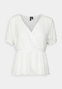 Bílý krátký rukáv peplum top s překládaným designem, očkovou texturou a výstřihem do V, s nařasenými rukávy a jemnými vzorovými detaily.