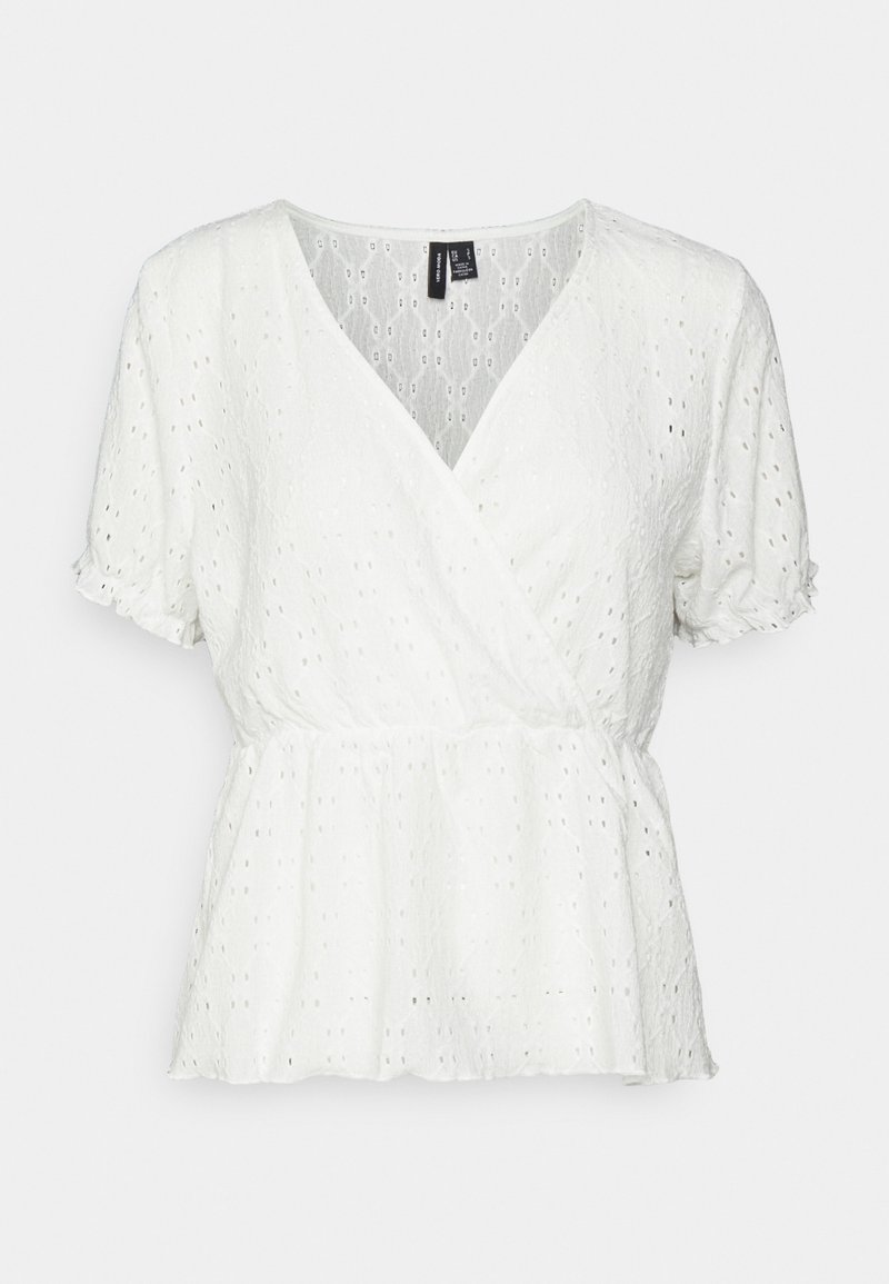 Bílý krátký rukáv peplum top s překládaným designem, očkovou texturou a výstřihem do V, s nařasenými rukávy a jemnými vzorovými detaily.