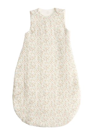 Ærmeløs babysovepose med blødt blomsterprint i afdæmpede lyserøde, grønne og beige toner på hvid baggrund, med trykknapper ved skuldrene.