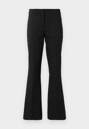 Black tailored trousers with a high waist and slightly flared legs, displayed against a plain white background.