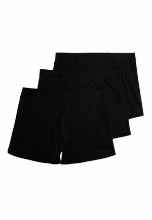 Boxeri din bumbac negru, pachet de trei, cu o potrivire strânsă, textură moale și curea elastică cu siglă. Fără modele sau accente.