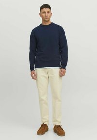 Pulover tricotat navy cu guler rotund, asortat cu pantaloni chinos crem și pantofi din suede maro. Design simplu, fără modele sau accesorii vizibile.