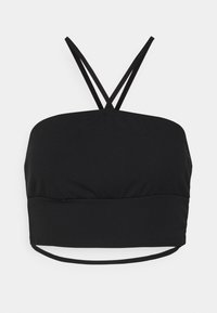 Top curto preto feito de um tecido liso e elástico. Apresenta finas alças cruzadas e um design de corpete ajustado. Simples e minimalista.